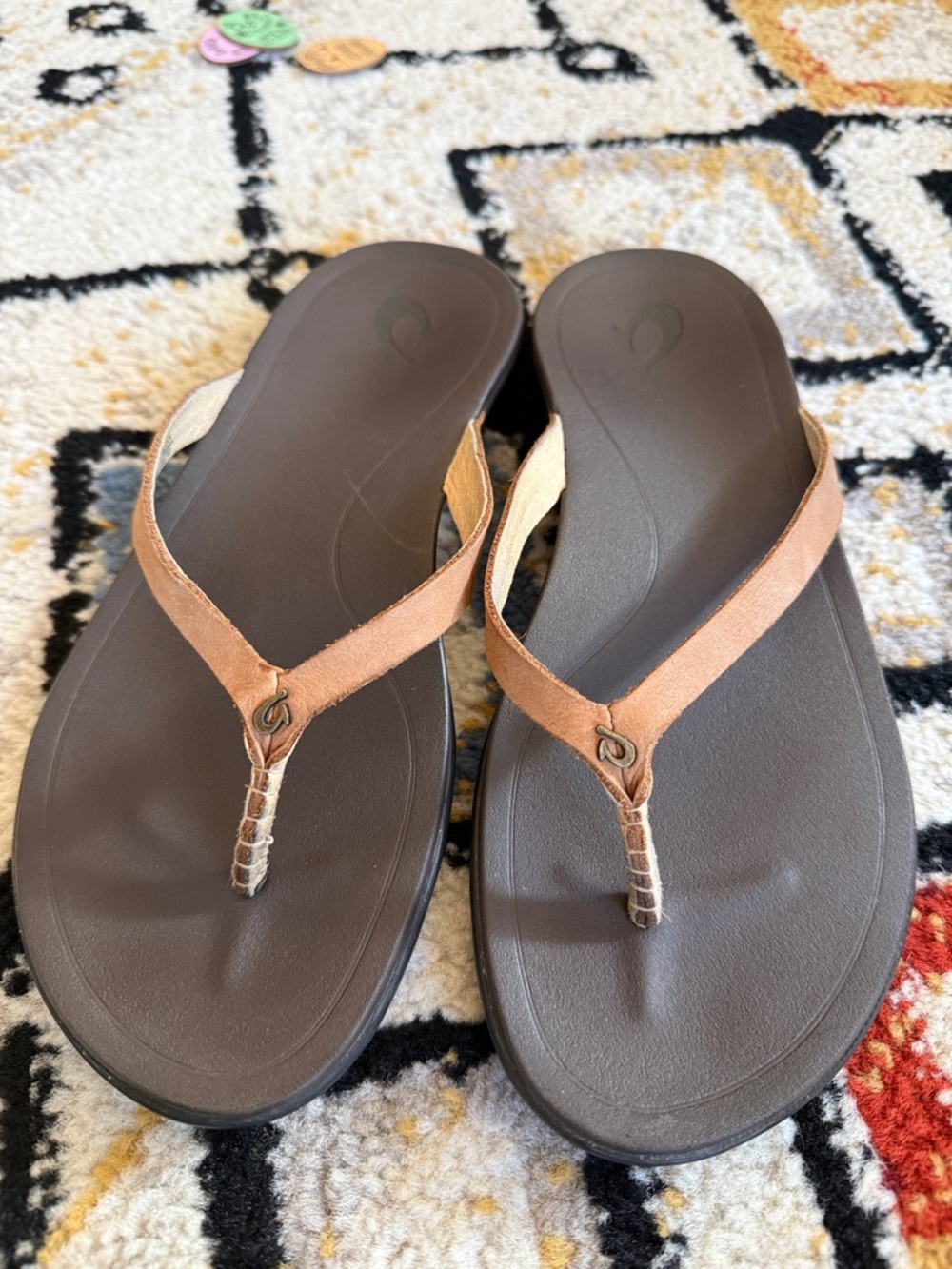 OluKai Brown and Tan Leather Thong Sandals - Women's Flip Flops